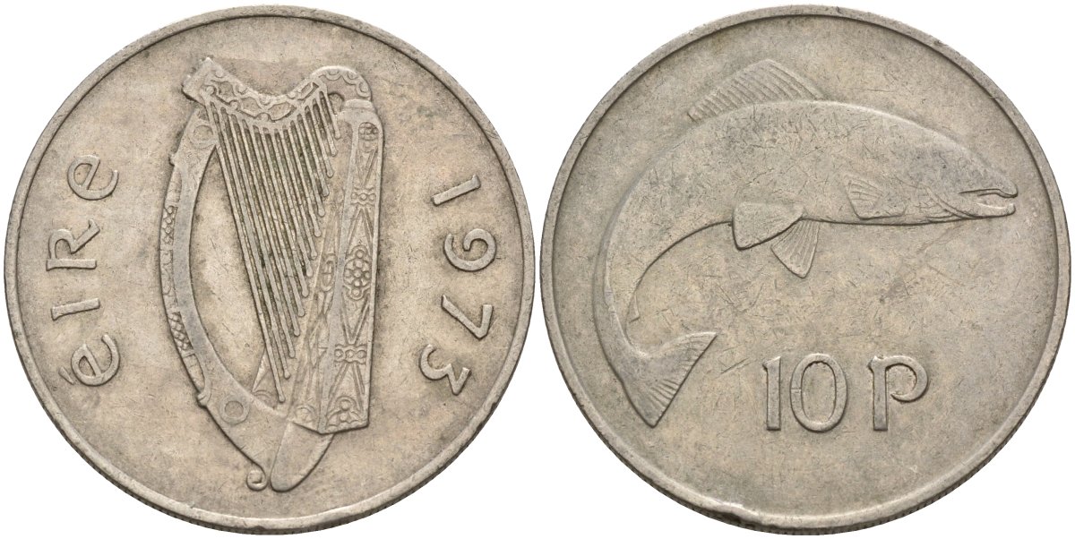 Ирландия 10 пенсов 1973 лосось KM 23 медно-никель 4144-1016