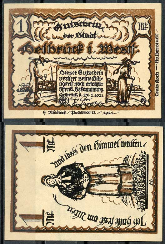 Германия, Дельбрюк 1 марка 1921 нотгельд, 27.1.1921 Grabowski 261.1 бумага UNC (пресс) 00-00