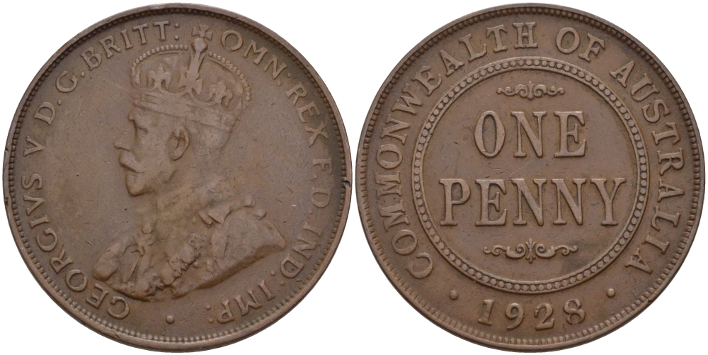 АВСТРАЛИЯ 1 ПЕННИ 1928 ГЕОРГ V KM 23 бронза 82-724
