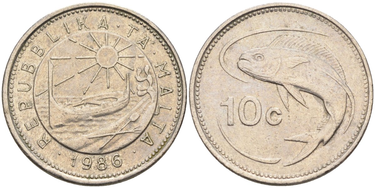 Мальта 10 центов 1986 золотая макрель KM 76 медно-никель 4588-154