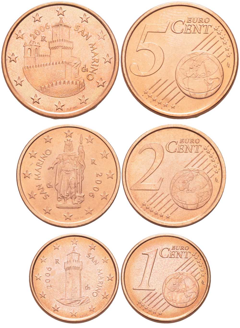 Сан-Марино лот из 3 монет 2006 1,2 и 5 евроцентов сталь плакированная медью UNC N4-63