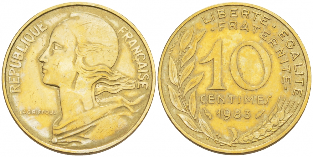 ФРАНЦИЯ 10 САНТИМОВ 1983 ТИП MARIANNE KM 929 медь алюминий никель 110-127