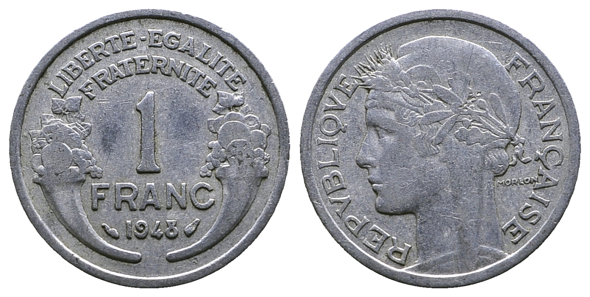 ФРАНЦИЯ 1 ФРАНК 1948 ТИП MORLON, LEGERE KM 885a.1, LE FRANC 221.13 алюминий 261-434