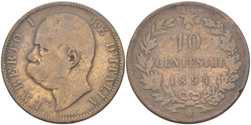 Италия 10 чентезимо 1894 B/I, Умберто I (1878-1900) KM 27.1 медь 111-1036