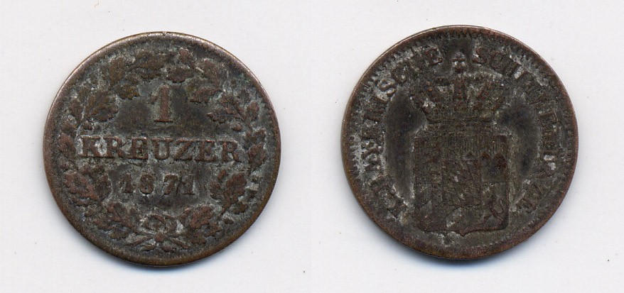 Бавария 1 крейцер 1871 Людвиг II (1864-1886) KM 487 серебро 71-1547