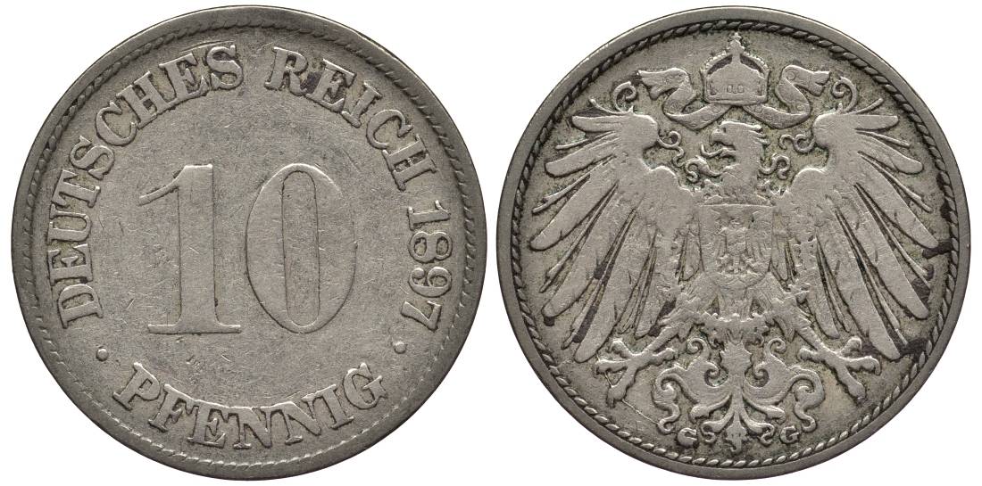 Германия 10 пфеннигов 1897 G, редкая KM 12, Jager 13, Weege 8 медно-никель 219-311