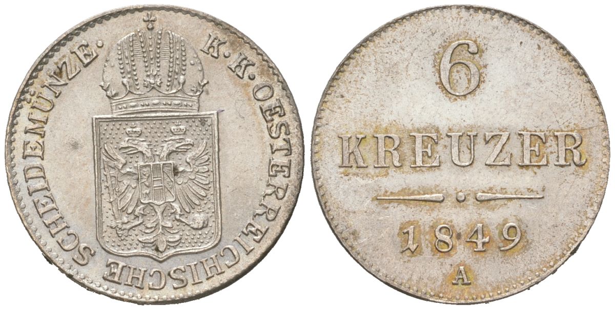 Австрия 6 крейцеров 1849 A, Франц Иосиф I (1848-1916) KM 2200 серебро UNC 1527-121