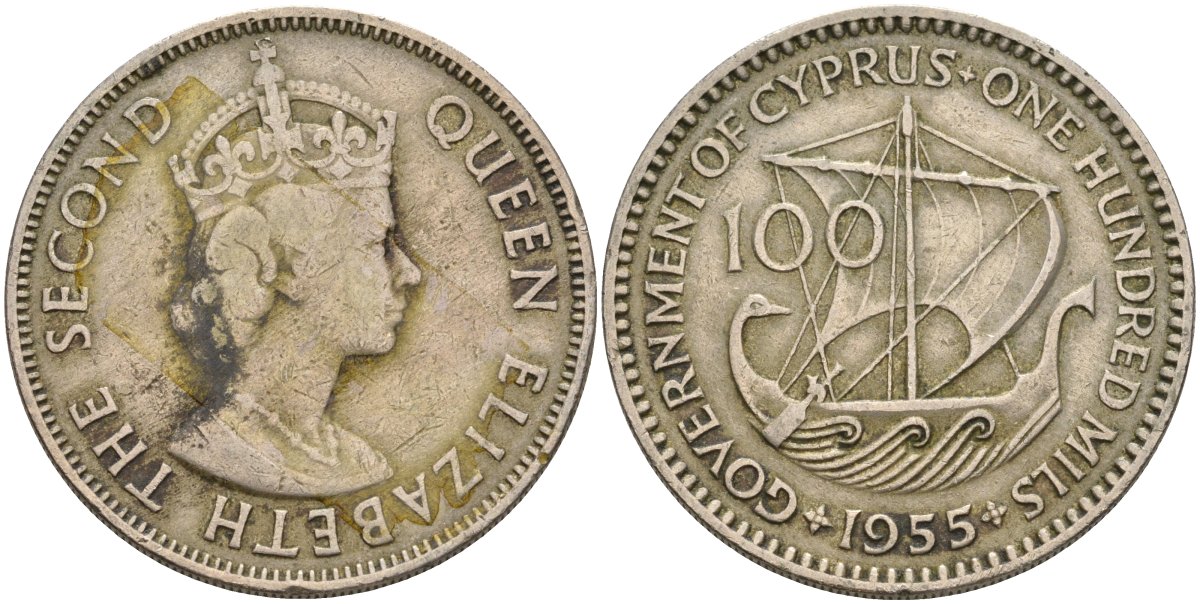 Кипр 100 милей 1955 KM 37 медно-никель 00-00