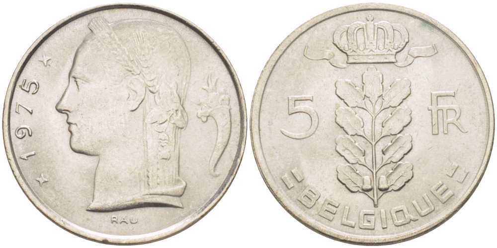 БЕЛЬГИЯ 5 ФРАНКОВ 1975 BELGIQUE, БОДУЭН I (1951-1993) KM 134.1 медно-никель 202-1253