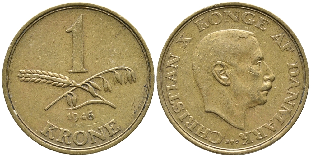ДАНИЯ 1 КРОНА 1946 N; S, КРИСТИАН X (1912-1947) KM 835 алюминиевая бронза 32-322
