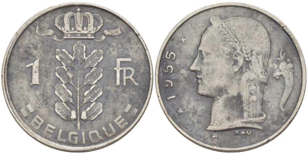 БЕЛЬГИЯ 1 ФРАНК 1953 BELGIQUE, БОДУЭН I (1951-1993) KM 142.1 медно-никель 213-456