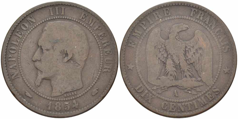 ФРАНЦИЯ 10 САНТИМОВ 1854 A, НАПОЛЕОН III (1852-1870) KM 771.1, LE FRANC 133.10 бронза 38-936