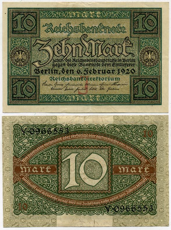 ГЕРМАНИЯ 10 МАРОК 1920 6 ФЕВРАЛЯ 1920, БУКВА J, СЕРИЯ Y, СЕМЬ ЦИФР В НОМЕРЕ СЕРИИ Pick 67a, Rosenberg 63а бумага 7547-72-3