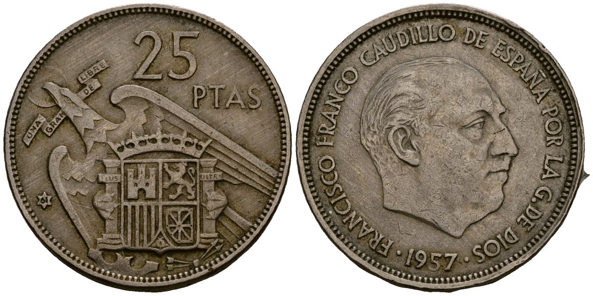 Испания 25 песет 1957 Франсиско Франко (1939 - 1975) KM 787 медно-никель 4168-1021
