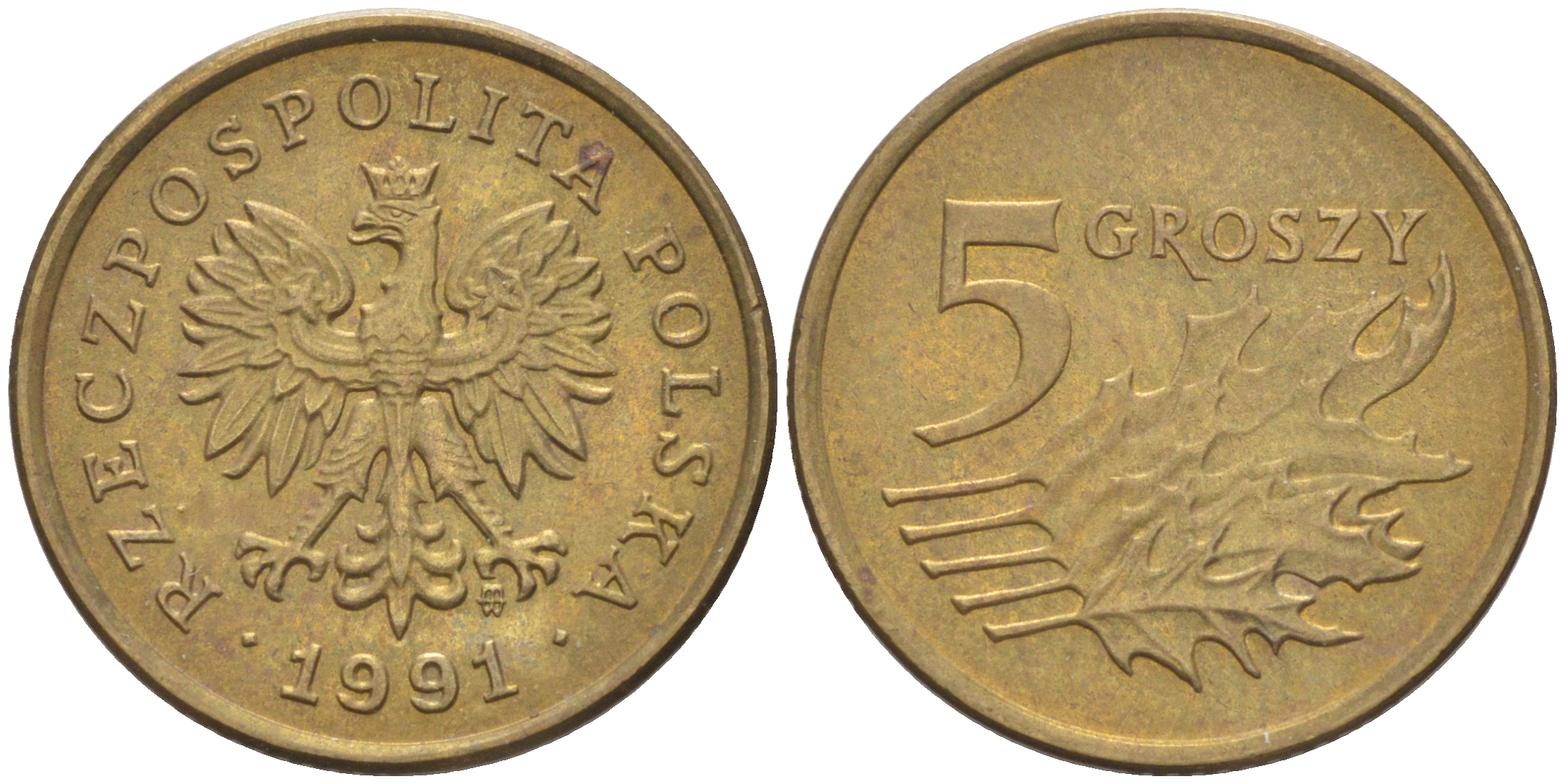 ПОЛЬША 5 ГРОШЕЙ 1991 MW KM 278 латунь 187-861