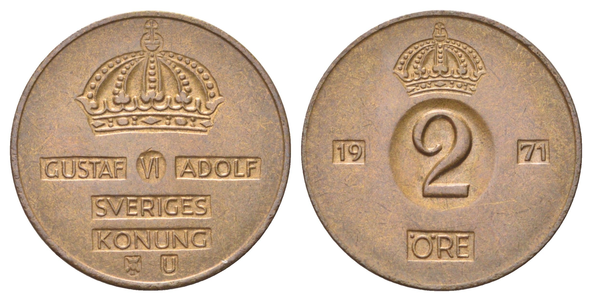 Швеция 2 эре 1971 TS Густав VI Адольф (1950-1973) KM 821 бронза 4705-919