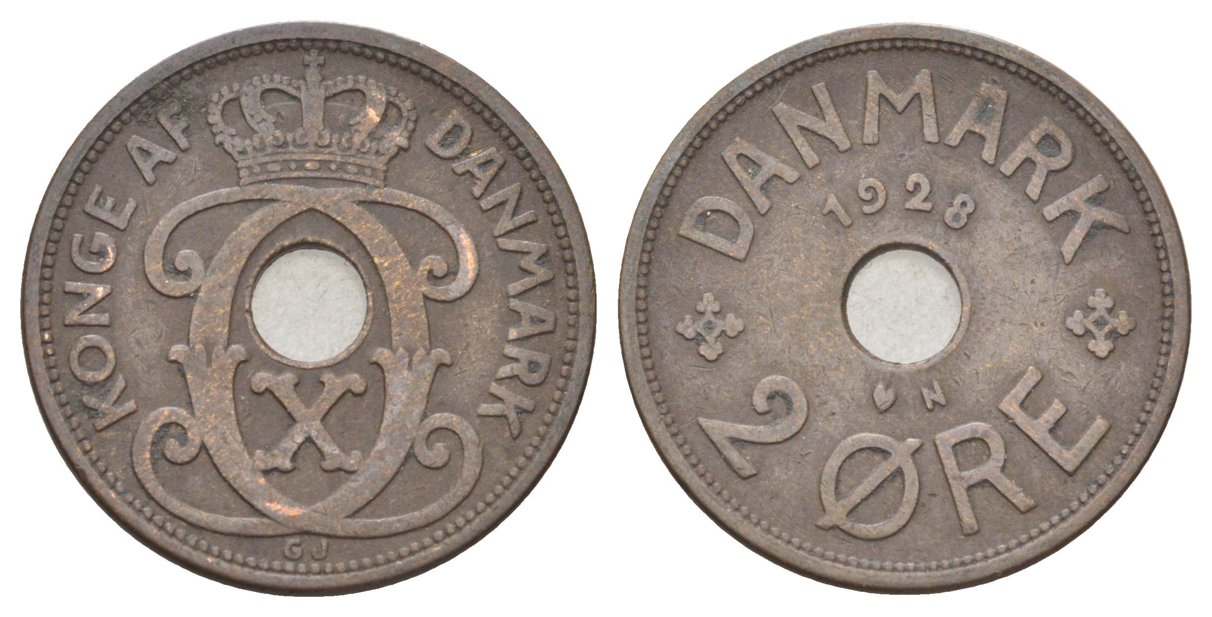 Дания 2 эре 1928 N, Кристиан X (1912-1947) KM 827 бронза 4701-657