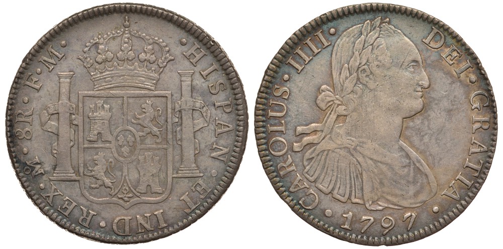 Мексика 8 реалов 1797 FM, монетный двор Mo (Мехико Сити), Карл IV Испанский (1788-1808), красивая патина KM 109 серебро 00-802-02