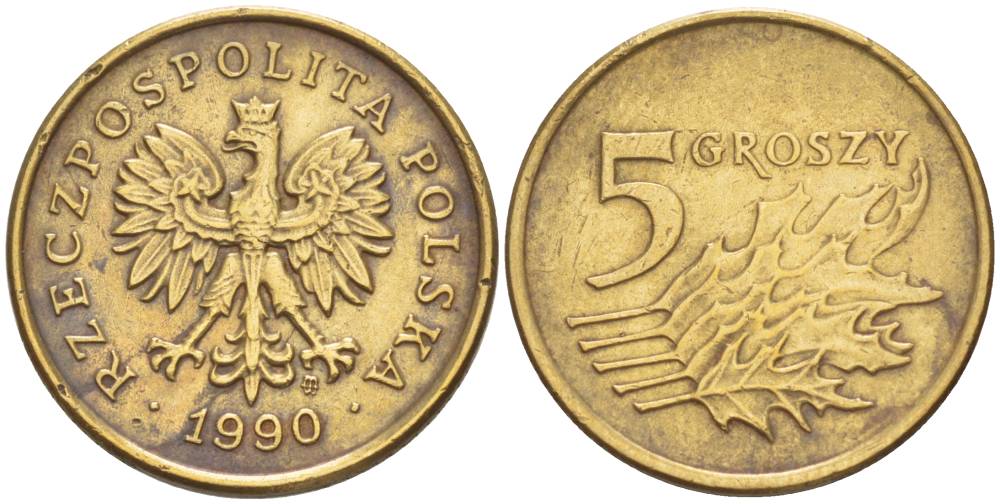 ПОЛЬША 5 ГРОШЕЙ 1990 MW KM 278 латунь 4551-1037