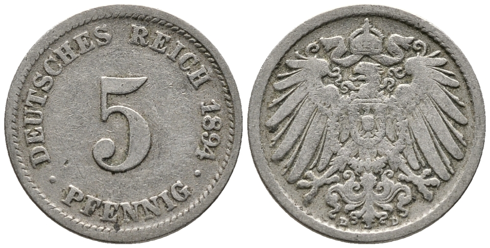 ГЕРМАНИЯ 5 ПФЕННИГОВ 1894 D KM 11, J. 12 медно-никель 39-661