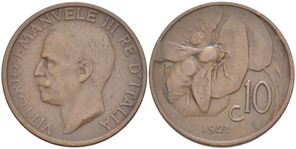ИТАЛИЯ 10 ЧЕНТЕЗИМО 1921 R, МОНДВОР РИМ, ВИКТОР ЭММАНУИЛ III (1900-1946) KM 60 медь 4525-227