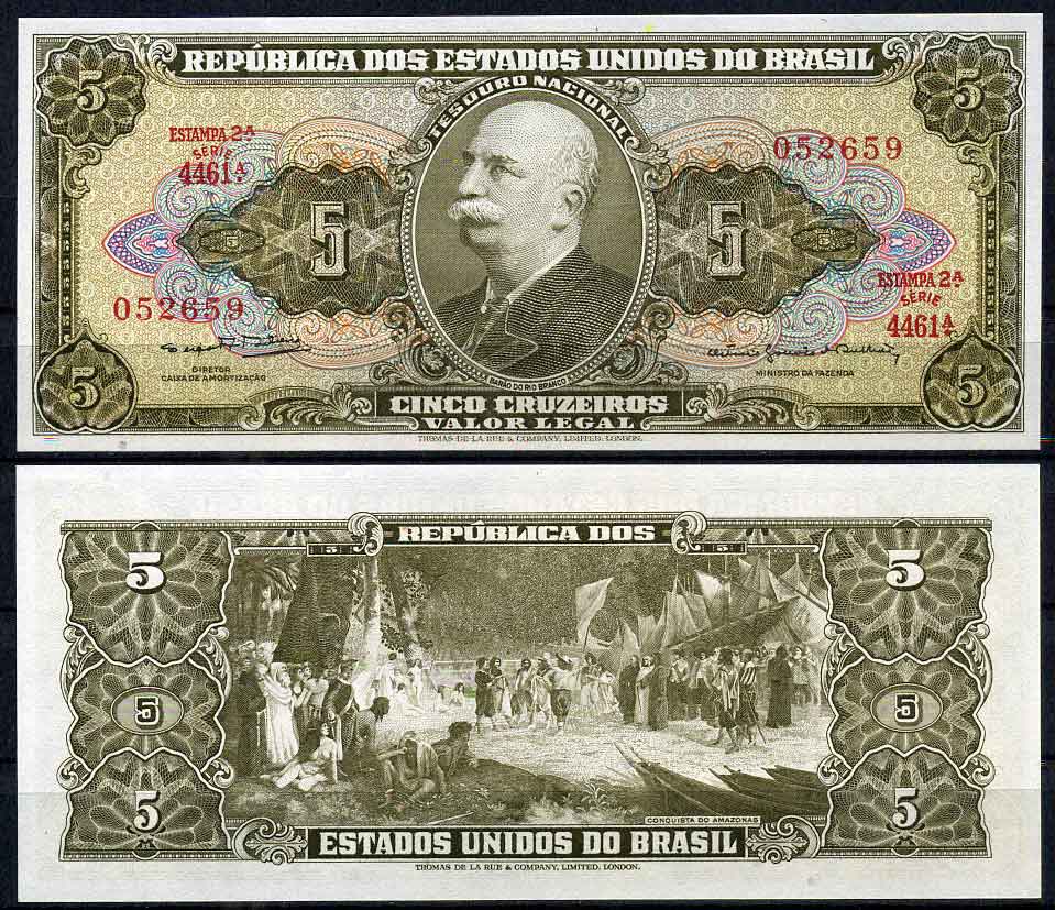 Бразилия 5 крузейро 1964 ESTAMPA 2A, серия 4461, Барао до Рио Бранко, подпись 14 Pick 176 d бумага UNC (пресс)   447-14-2