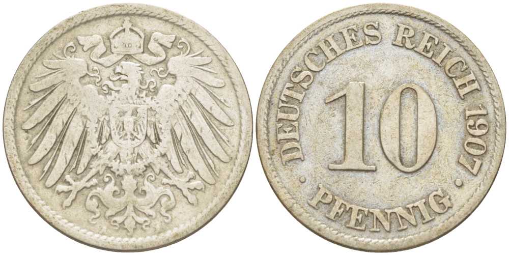 Германия 10 пфеннигов 1907 A KM 12, J. 13, Weege 8 медно-никель 259-922