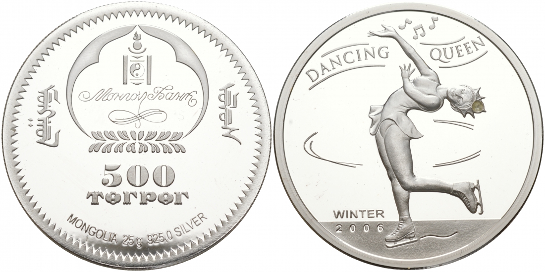 Монголия 500 тугриков 2006 танцующая королева, фигурное катание, алмаз серебро PROOF 11-073-45