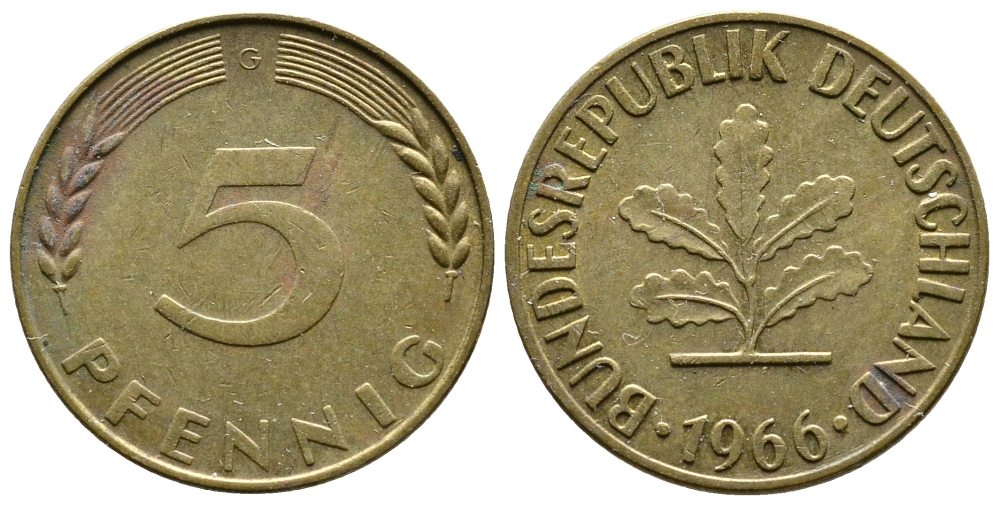 ФРГ 5 ПФЕННИГОВ 1966 G KM 107, J.382 сталь плакированная латунью 26-1134