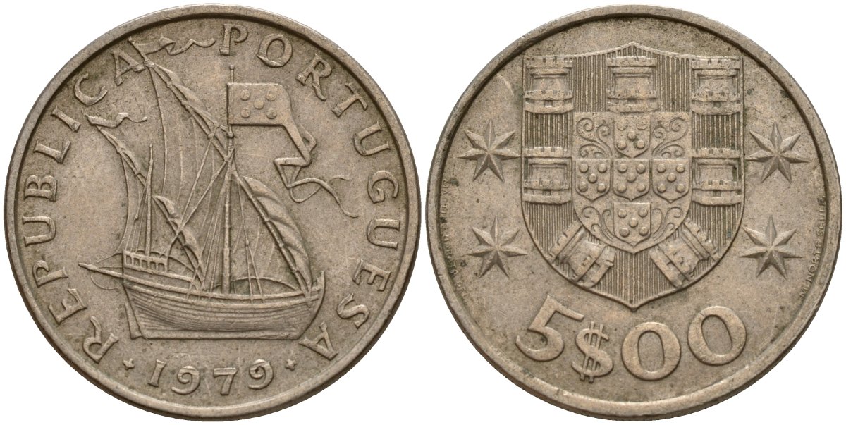 Португалия 5 эскудо 1979 KM 591 медно-никель 4156-545