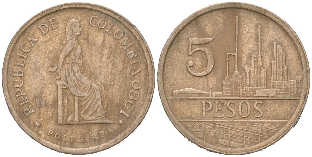 Колумбия 5 песо 1980 KM 268 бронза 4176-312