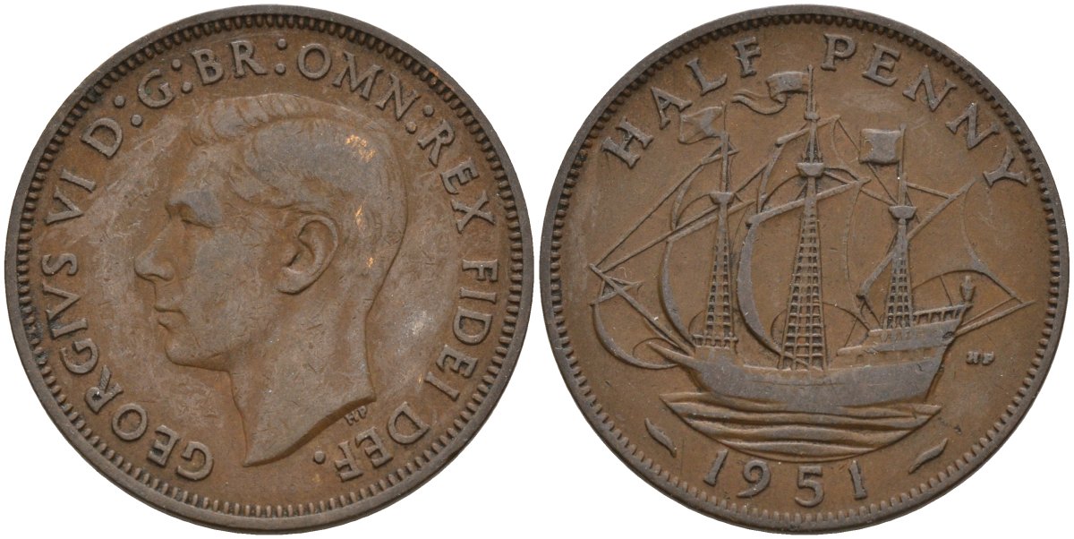Великобритания 1/2 пенни 1950 Георг VI (1936-1952) KM 868, Spink 4118 бронза 4146-244