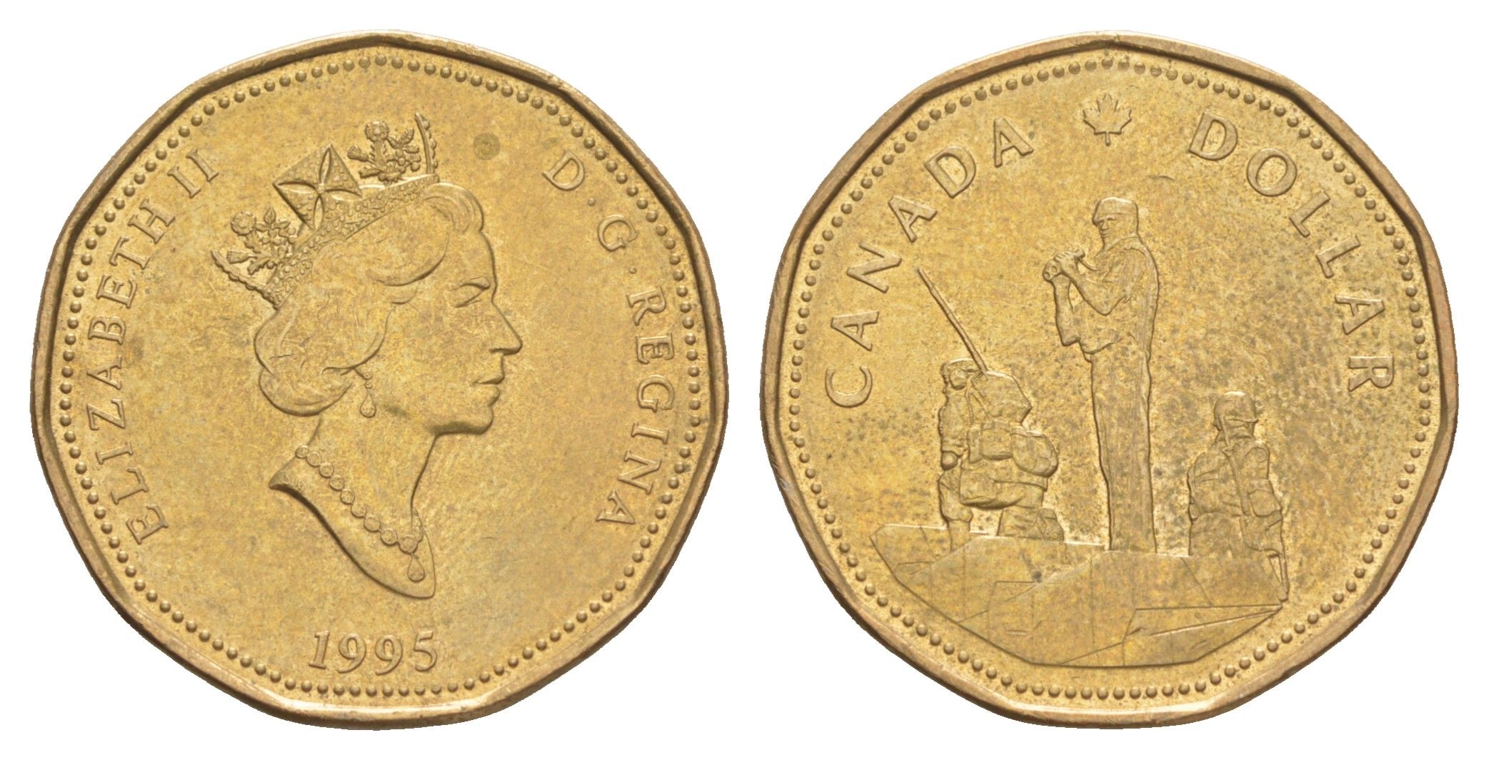 Канада 1 доллар 1995 поддержание мира KM 258 никель плакированный позолоченной бронзой 4631-813