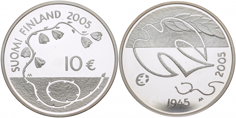 Финляндия 10 евро 2005 60 лет мира в Европе, голубь мира KM 120 серебро PROOF 11-091-14