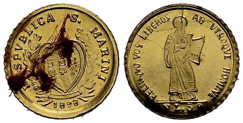 Сан-Марино 5 лир 1898 Апостол, миниатюра  золото  UNC 1521-943