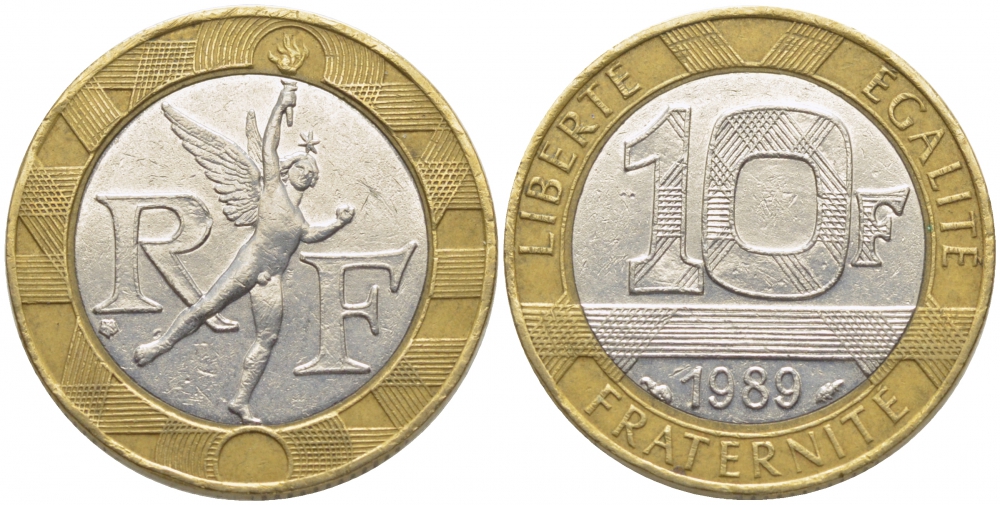 Франция 10 франков 1989 тип гений Бастилии KM 964.1, Le Franc 375.3 биметалл 110-1036