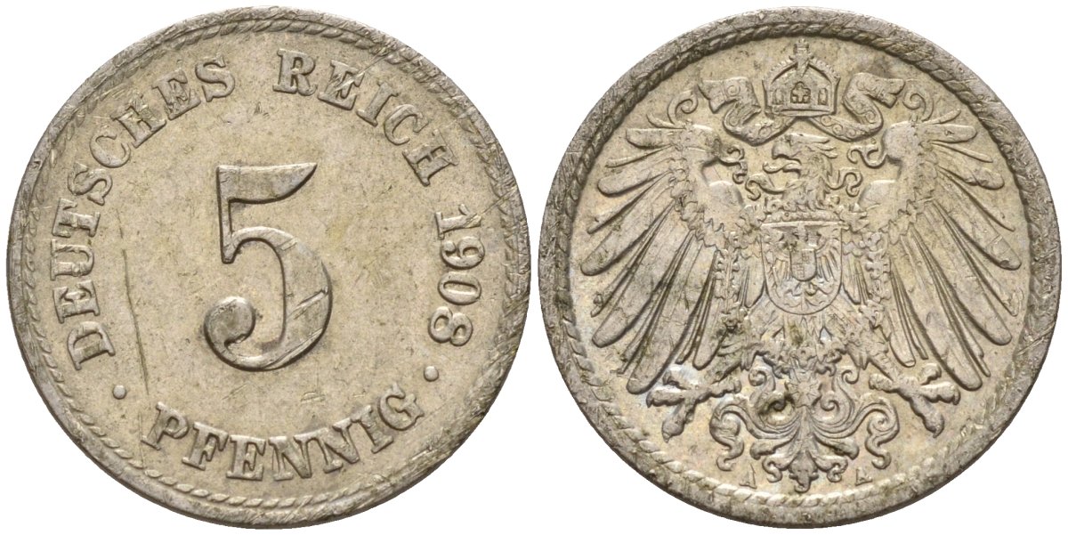 Германия 5 пфеннигов 1908 G KM 11, Jager 12, Weege 6 медно-никель 4151-513