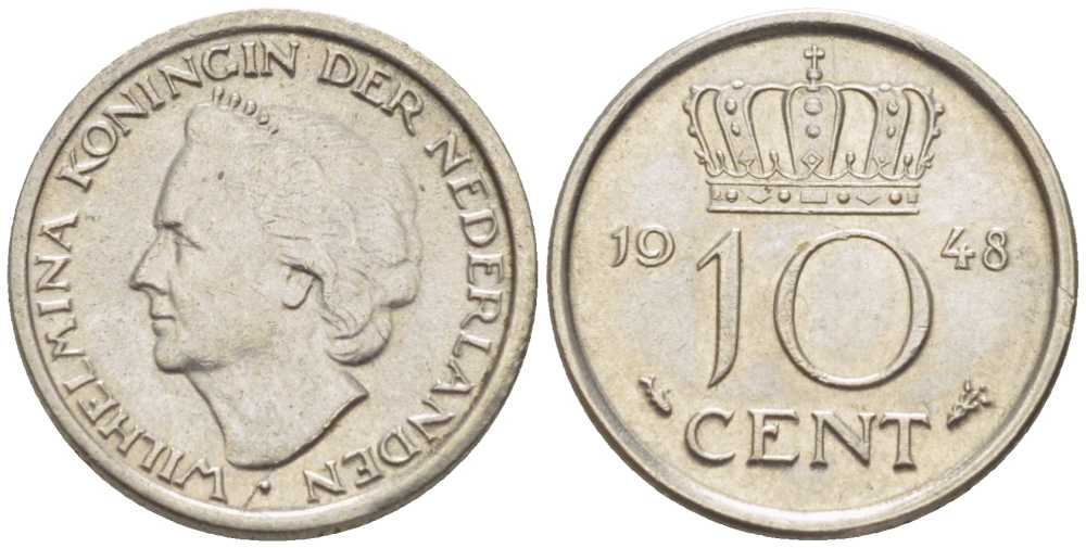 Нидерланды 10 центов 1948 Вильгельмина (1895-1948) KM 177 никель 214-1134