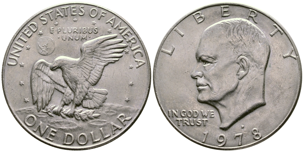 США 1 доллар 1978 D, Президент Эйзенхауэр, лунный орел KM А203 медь плакированная медно-никелем 74-522