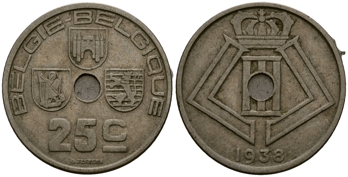 Бельгия 25 сантимов 1938 Belgie - Belgique KM 115 никель латунь 4403-1236