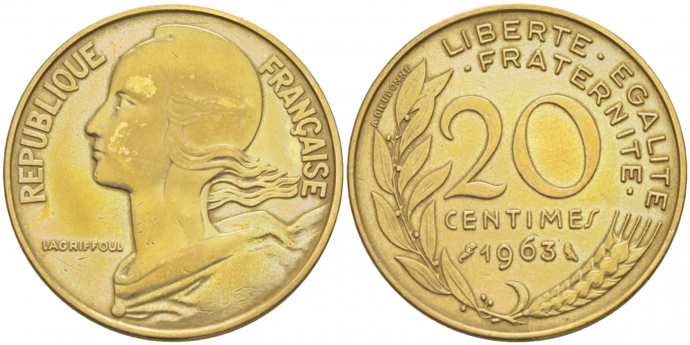 ФРАНЦИЯ 20 САНТИМОВ 1963 KM 930 медь алюминий никель 113-1211