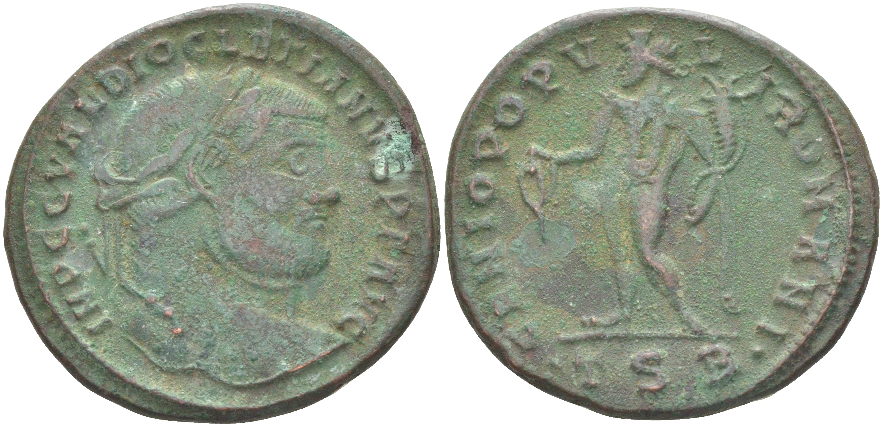 Римская Империя нуммий 300 - 301 Диоклетиан, бюст императора, IMP C C VAL DIOCLETIANVS P F AVG / Гений Римского народа, GENIO POPVLI ROMANI TSВ, Фессалоника RIC 21а биллон 1073-23-25