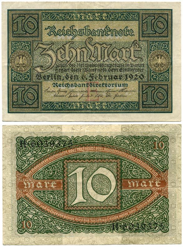 ГЕРМАНИЯ 10 МАРОК 1920 6 ФЕВРАЛЯ 1920, БУКВА E, СЕРИЯ H, СЕМЬ ЦИФР В НОМЕРЕ СЕРИИ Pick 67a, Rosenberg 63а бумага 7547-72-1