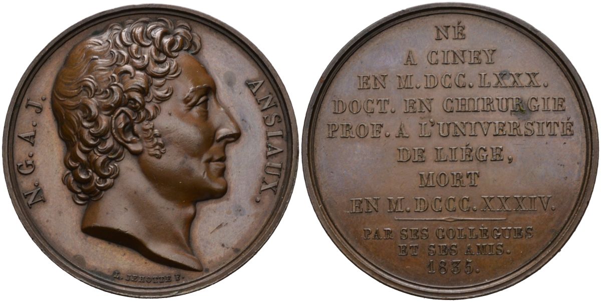 Франция медаль 1835 Доктору хирургии Профессору Льежского университета (1780-1834), от коллег и друзей, диаметр 40 мм. бронза 00-00