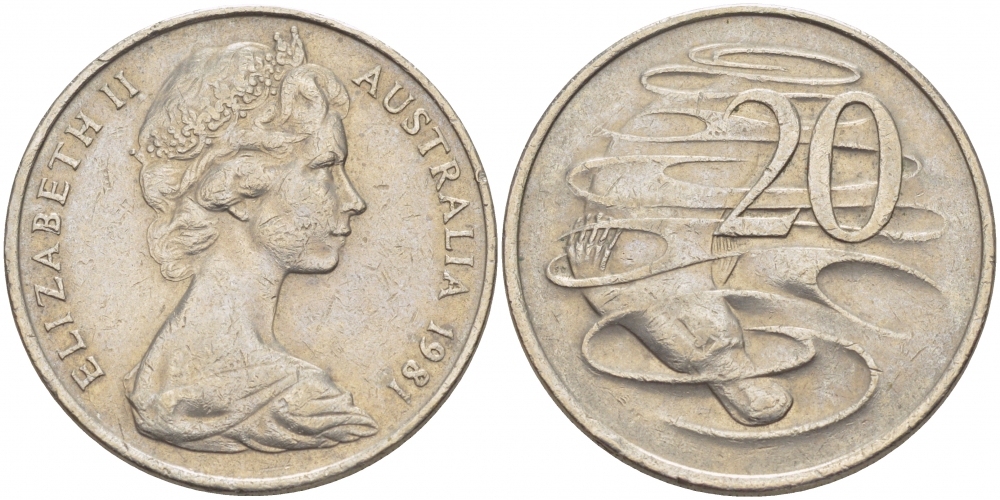 Австралия 20 центов 1981 Елизавета II (1952-2022), утконос KM 66 медно-никель 3457-215