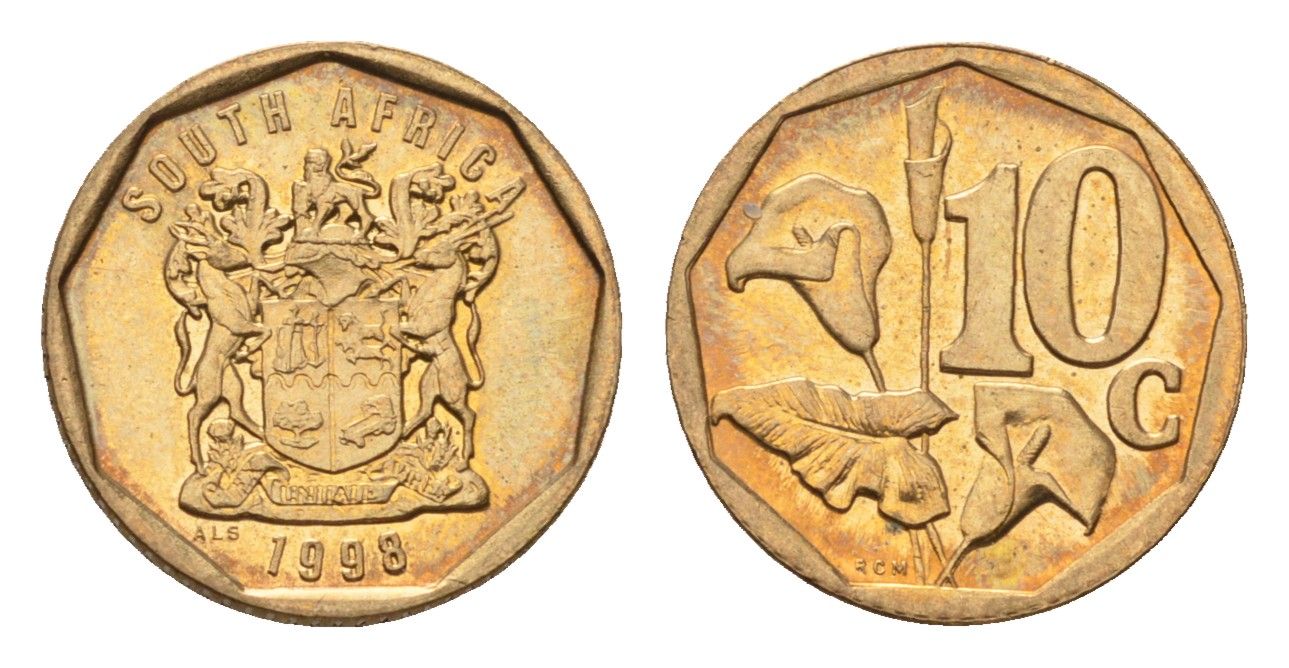 ЮАР 10 центов 1998 герб, цветок алоэ KM 161 сталь плакированная бронзой UNC 4694-748