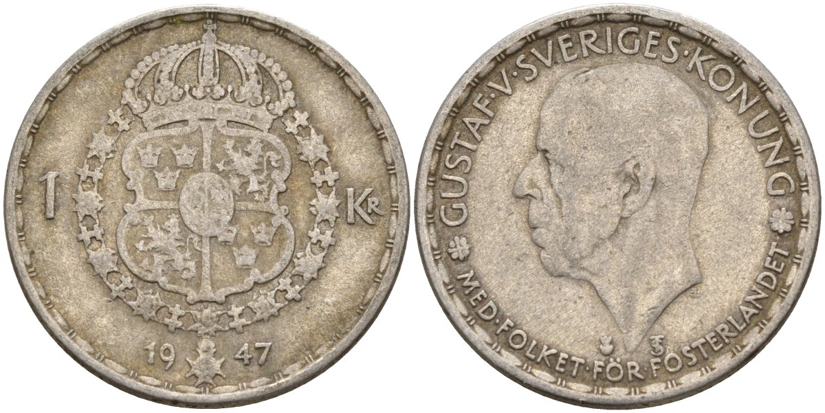 Швеция 1 крона 1947 TS, Густав V (1907-1950) KM 814 серебро 4148-1042
