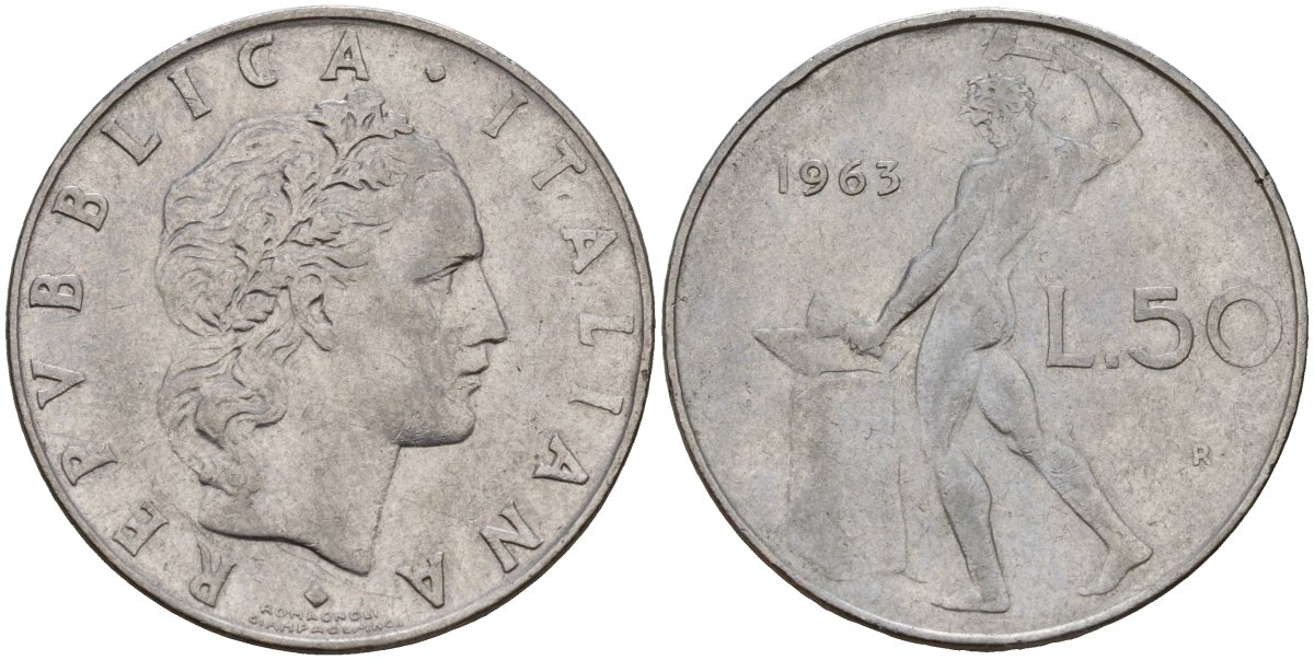 Италия 50 лир 1963 R, бог Вулкан у наковальни KM 95.1 нержавеющая сталь 4156-725