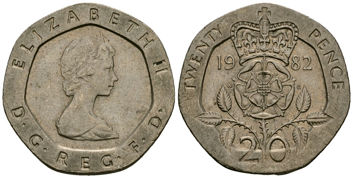Великобритания 20 пенсов 1982 Елизавета II (1952-2022) KM 931, Spink 4230 (G1) медно-никель 4167-1253