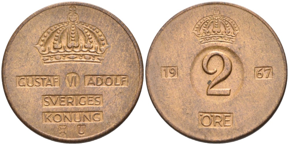 Швеция 2 эре 1967 U, Густав VI Адольф (1950-1973) KM 821 бронза 4364-1132